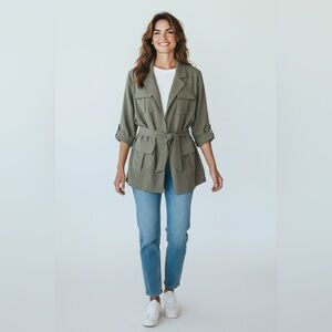 Chico’s Open Front Tie Waist Utility Jacket Olive Green Size 1 (Medium)